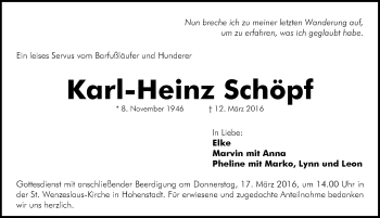 Traueranzeige von Karl-Heinz Schöpf von Hersbrucker Zeitung