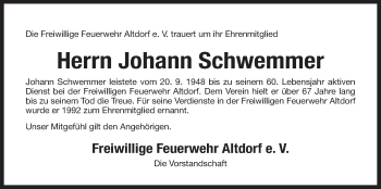 Traueranzeige von Johann Schwemmer von Der Bote