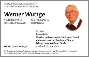 Traueranzeige von Werner Wuttge von Hersbrucker Zeitung