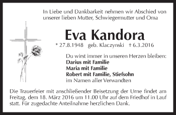 Traueranzeige von Eva Kandora von Pegnitz-Zeitung