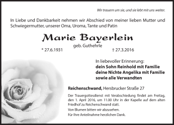 Traueranzeige von Marie Bayerlein von Hersbrucker Zeitung