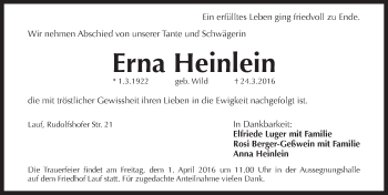 Traueranzeige von Erna Heinlein von Pegnitz-Zeitung