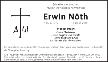 Traueranzeige von Erwin Nöth von Pegnitz-Zeitung