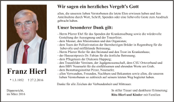 Traueranzeige von Franz Hierl von Hersbrucker Zeitung