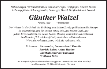 Traueranzeige von Günther Walzel von Hersbrucker Zeitung