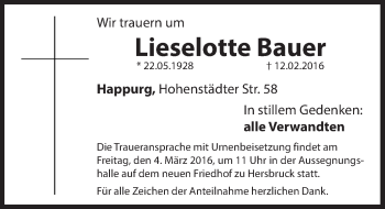 Traueranzeige von Lieselotte Bauer von Hersbrucker Zeitung