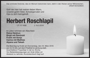 Traueranzeige von Herbert Roschlapil von Pegnitz-Zeitung