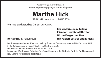 Traueranzeige von Martha Hick von Hersbrucker Zeitung