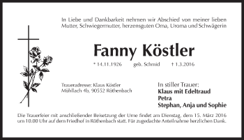 Traueranzeige von Fanny Köstler von Pegnitz-Zeitung