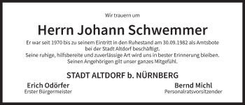 Traueranzeige von Johann Schwemmer von Der Bote