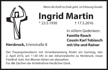 Traueranzeige von Ingrid Martin von Hersbrucker Zeitung