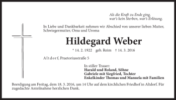 Traueranzeige von Hildegard Weber von Der Bote