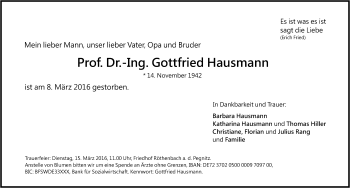 Traueranzeige von Gottfried Hausmann von Pegnitz-Zeitung