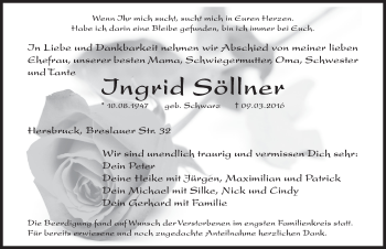 Traueranzeige von Ingrid Söllner von Hersbrucker Zeitung