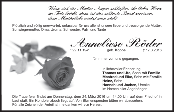 Traueranzeige von Anneliese Röder von Pegnitz-Zeitung