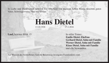 Traueranzeige von Hans Dietel von Pegnitz-Zeitung