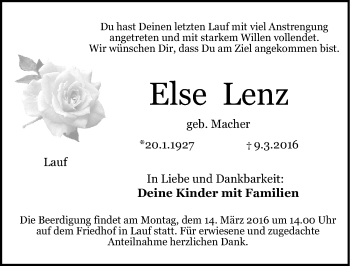 Traueranzeige von Else Lenz von Pegnitz-Zeitung