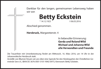 Traueranzeige von Betty Eckstein von Hersbrucker Zeitung