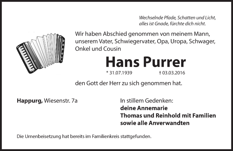  Traueranzeige für Hans Purrer vom 21.03.2016 aus Hersbrucker Zeitung