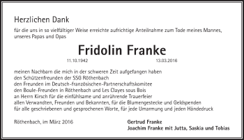 Traueranzeige von Fridolin Franke von Pegnitz-Zeitung