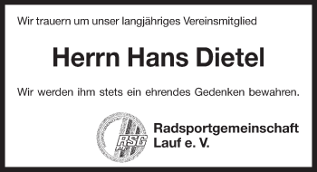 Traueranzeige von Hans Dietel von Pegnitz-Zeitung
