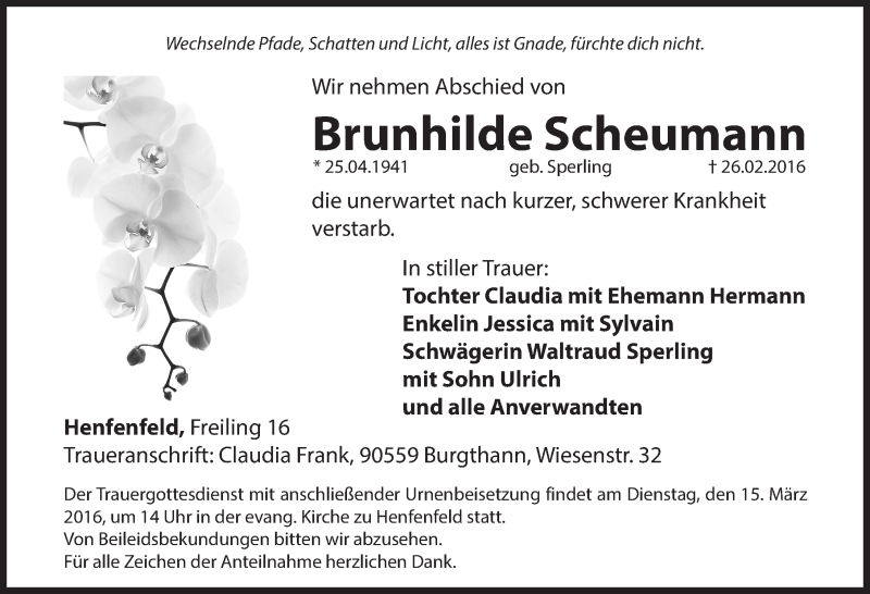  Traueranzeige für Brunhilde Scheumann vom 12.03.2016 aus Hersbrucker Zeitung