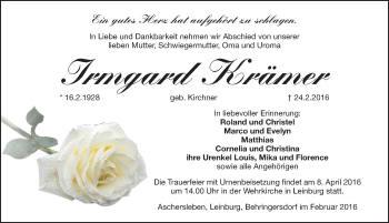 Traueranzeige von Irmgard Krämer von Pegnitz-Zeitung