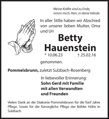 Traueranzeige von Betty Hauenstein von Hersbrucker Zeitung