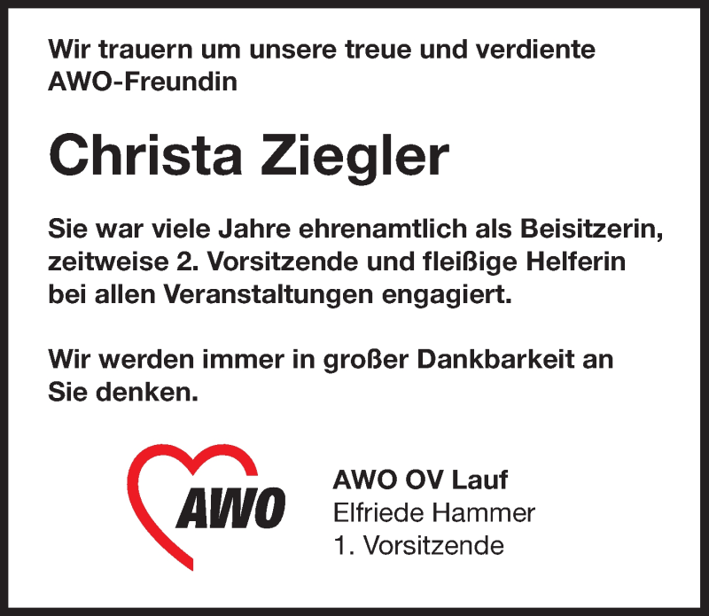  Traueranzeige für Christa Ziegler vom 12.03.2016 aus Pegnitz-Zeitung