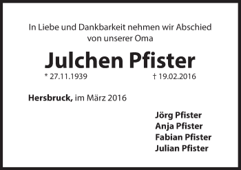 Traueranzeige von Julchen Pfister von Hersbrucker Zeitung