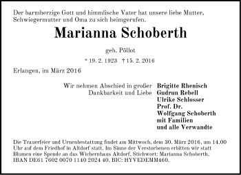 Traueranzeige von Marianna Schoberth von Der Bote