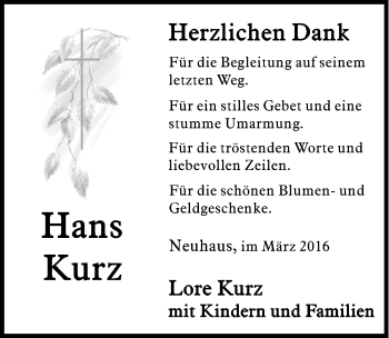 Traueranzeige von Hans Kurz von Hersbrucker Zeitung