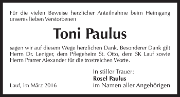 Traueranzeige von Toni Paulus von Pegnitz-Zeitung