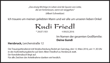 Traueranzeige von Rudi Friedl von Hersbrucker Zeitung