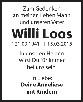 Traueranzeige von Willi Loos von Hersbrucker Zeitung