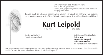 Traueranzeige von Kurt Leipold von Pegnitz-Zeitung