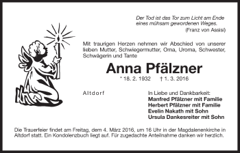 Traueranzeige von Anna Pfälzner von Der Bote