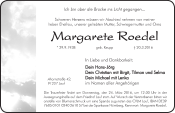 Traueranzeige von Margarete Roedel von Pegnitz-Zeitung