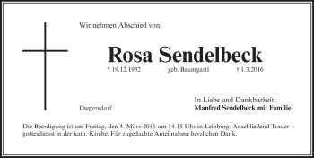 Traueranzeige von Rosa Sendelbeck von Pegnitz-Zeitung