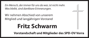 Traueranzeige von Fritz Schwarm von Hersbrucker Zeitung