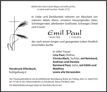 Traueranzeige von Emil Paul von Hersbrucker Zeitung
