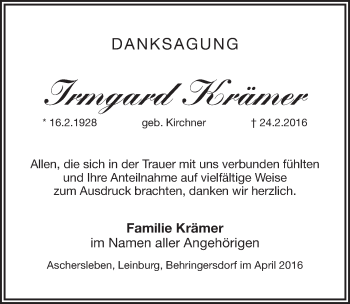 Traueranzeige von Irmgard Krämer von Pegnitz-Zeitung