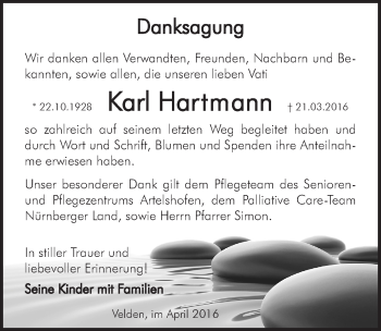 Traueranzeige von Karl Hartmann von Hersbrucker Zeitung