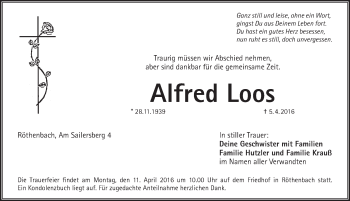 Traueranzeige von Alfred Loos von Pegnitz-Zeitung