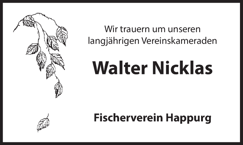  Traueranzeige für Walter Nicklas vom 12.04.2016 aus Hersbrucker Zeitung