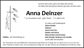 Traueranzeige von Anna Deinzer von Hersbrucker Zeitung