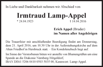 Traueranzeige von Irmtraud Lamp-Appel von Hersbrucker Zeitung