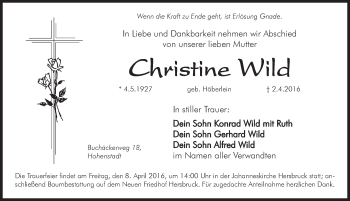 Traueranzeige von Christine Wild von Hersbrucker Zeitung