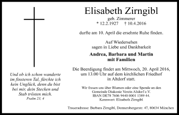 Traueranzeige von Elisabeth Zirngibl von Der Bote