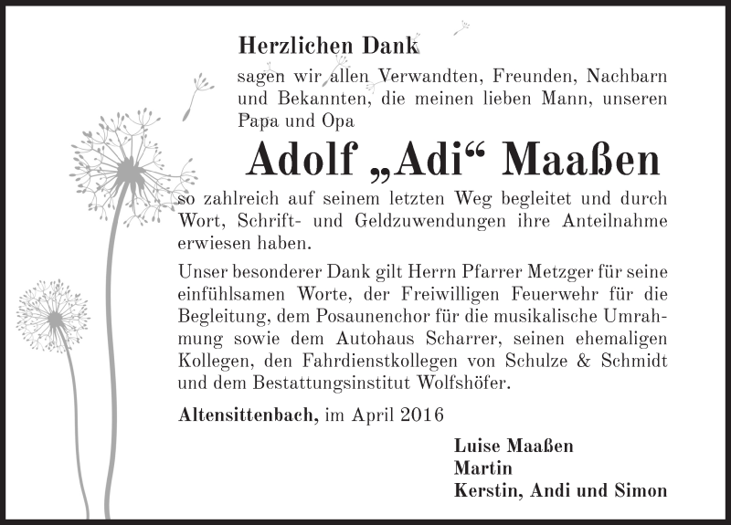  Traueranzeige für Adolf Maaßen vom 23.04.2016 aus Hersbrucker Zeitung